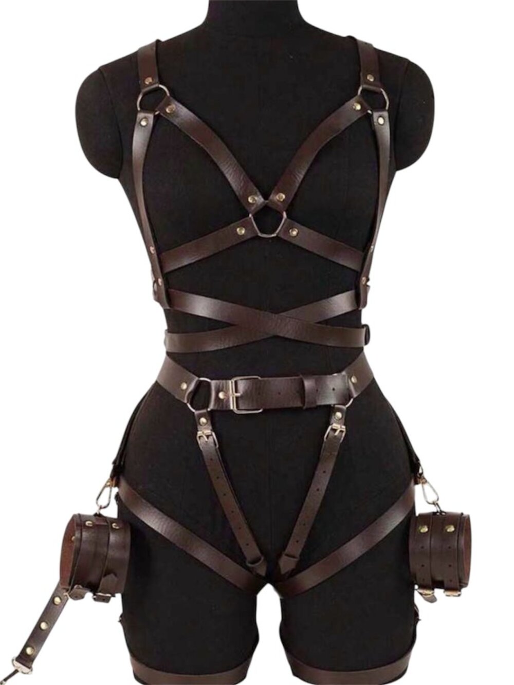 Women PU Leather Full Body Steampunk Removable Cuffs Harness